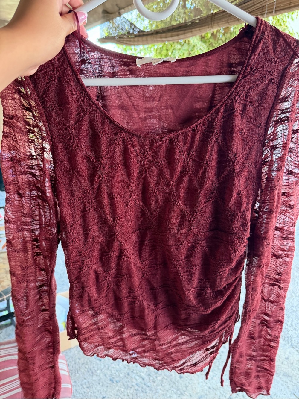 Women’s Burgundy Lace-Textured Long Sleeve Top